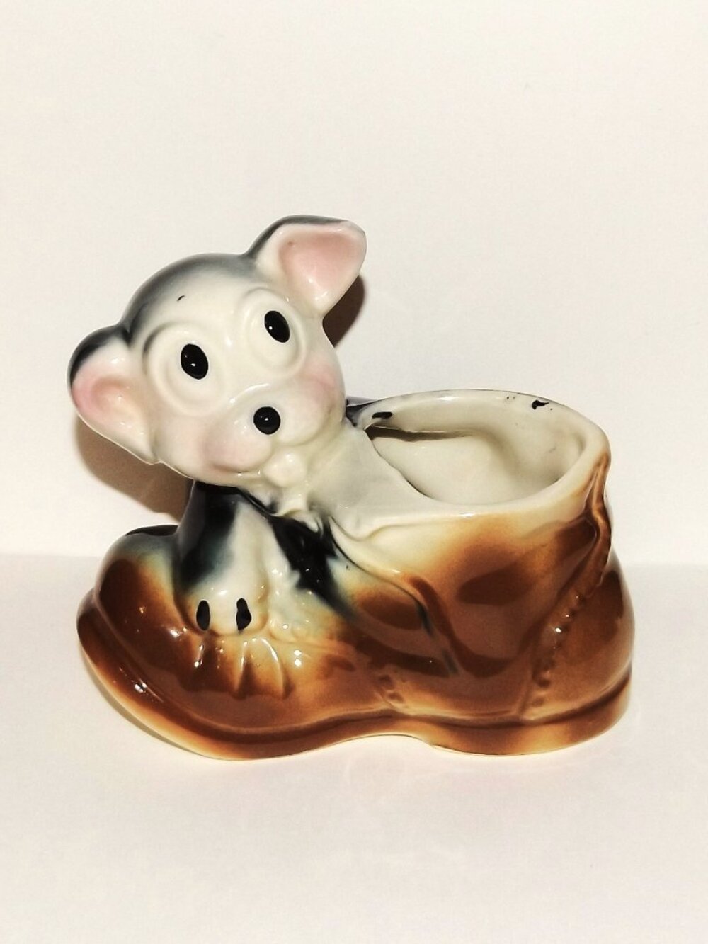 Mid Century Ceramic Small Puppy And Boot Novelty Planter